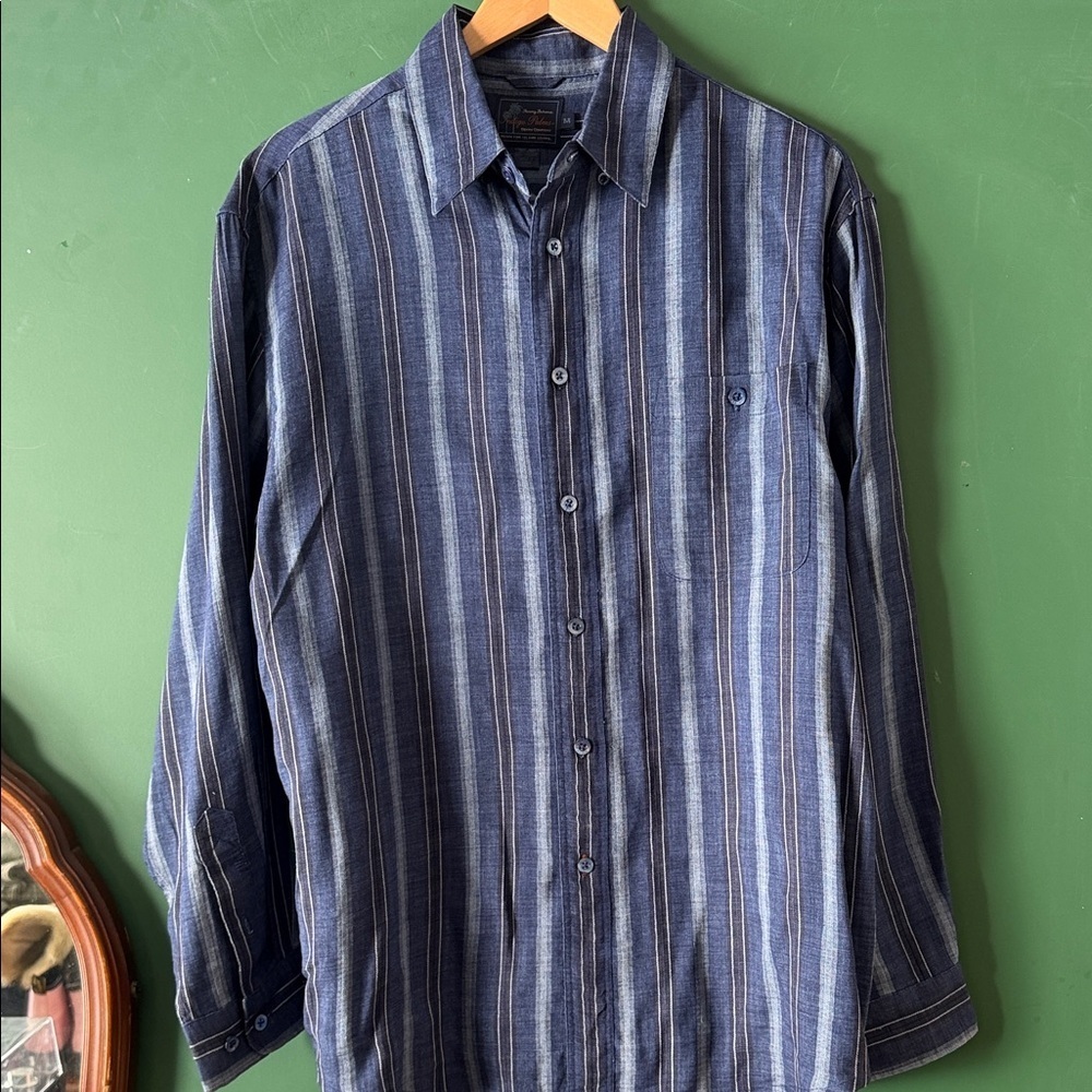 Tommy Bahama Indigo Palms Mens M Linen Navy & Grey Striped Button Down Beach